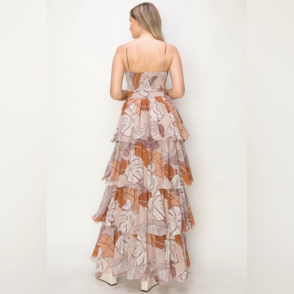 Sleeveless Smocked Tiered Leaf Print Multicolor Maxi Dress - Picture 5 of 5